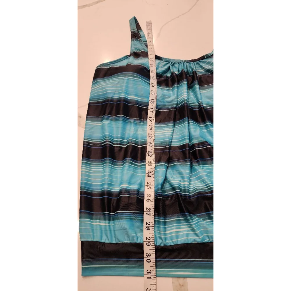 Yonique Women's Teal Blue Ombre Striped Tankini Top Ruched Loose Fit 24W